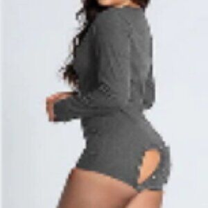Grey Poly Sexy Bodycon Romper Shorts with Long Sleeves & Open Back